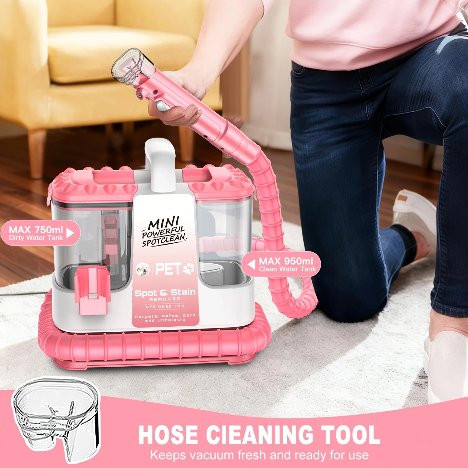 32KPa Powerful Carpet Cleaner Machine for Home, Portable Upholstery Cleaner with 5-in-1 Cleaning Tools, Deep Stain Remover for Rugs, Couches, Car Interiors, Pet Hair & Stairs view 7