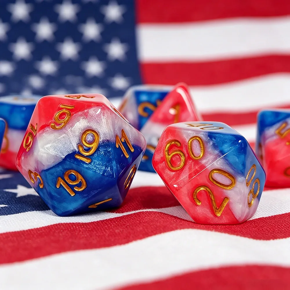 7Pcs Resin Dice Set Red White Blue Swirl Gold Number Polyhedral Dice For DND RPG Tabletop Board Game Role‑PlayingParty Game Dice