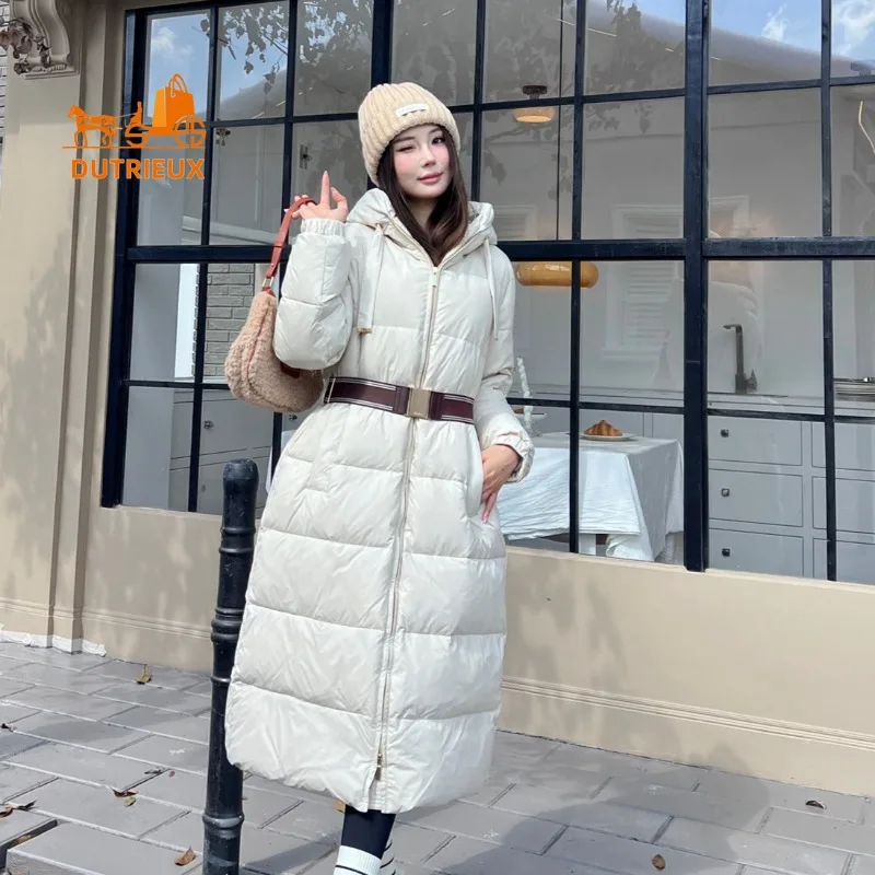 New Winter Coat , Simple and Elegant Hooded Long Waisted Grey Goose Down Jacket for Women , Warm and Windproof Jacket for Party