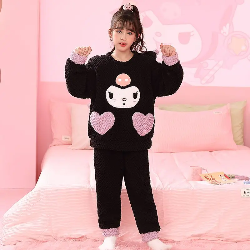 

Sanrios Kuromi Children Pajamas Coral Fleece Middle-Aged and Older Children Anime Figure Winter Sleepwear Loungewear Suit Kawaii