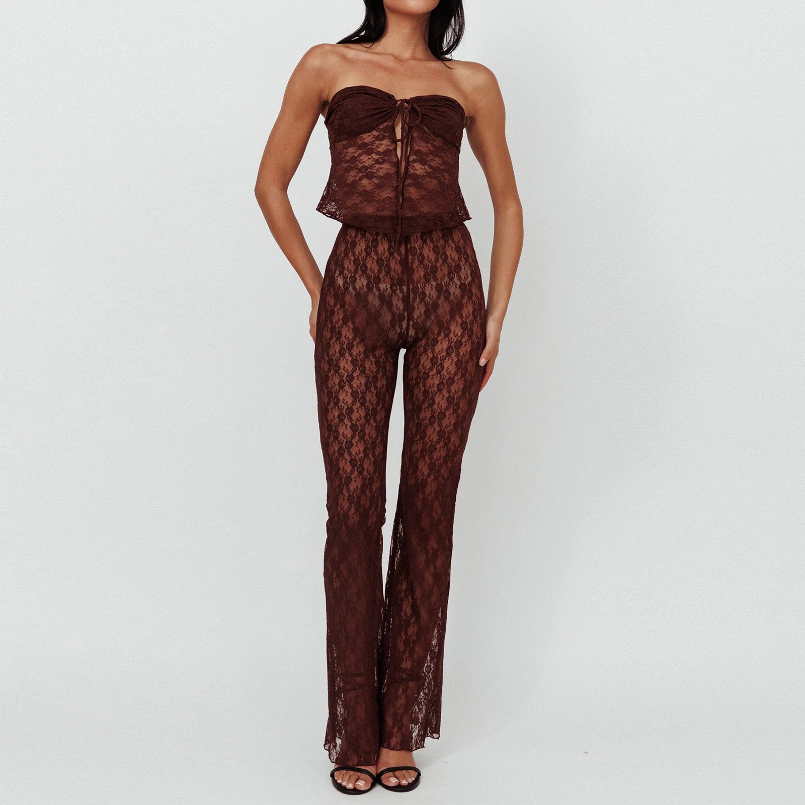 

Women Summer Pants Outfits Tie-Up Boat Neck Strapless Lace Tube Tops Mesh See-Through Long Pants 2 Pieces Clothes Set