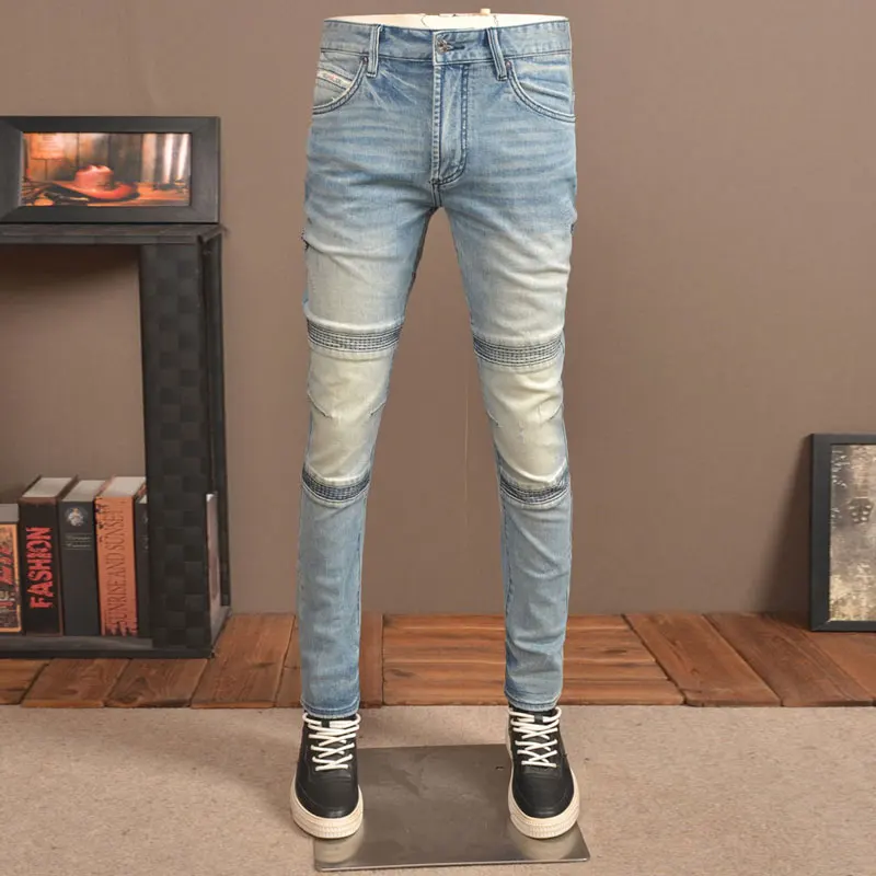 

High Street Fashion Designer Men's Jeans Vintage Blue Elastic Tight Cycling Jeans Homme Panel Designer Zipper Pocket Hip Hop Jea