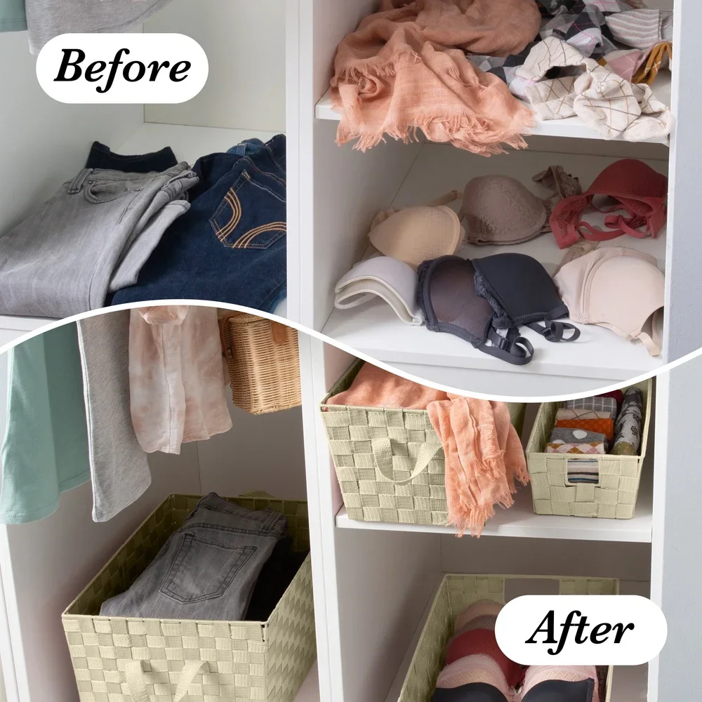 سلة تخزين كبيرة منسوجة خفيفة الوزن ومتينة مع مقابض لتزيين المنزل وصندوق تخزين مستطيل من مادة البولي بروبيلين