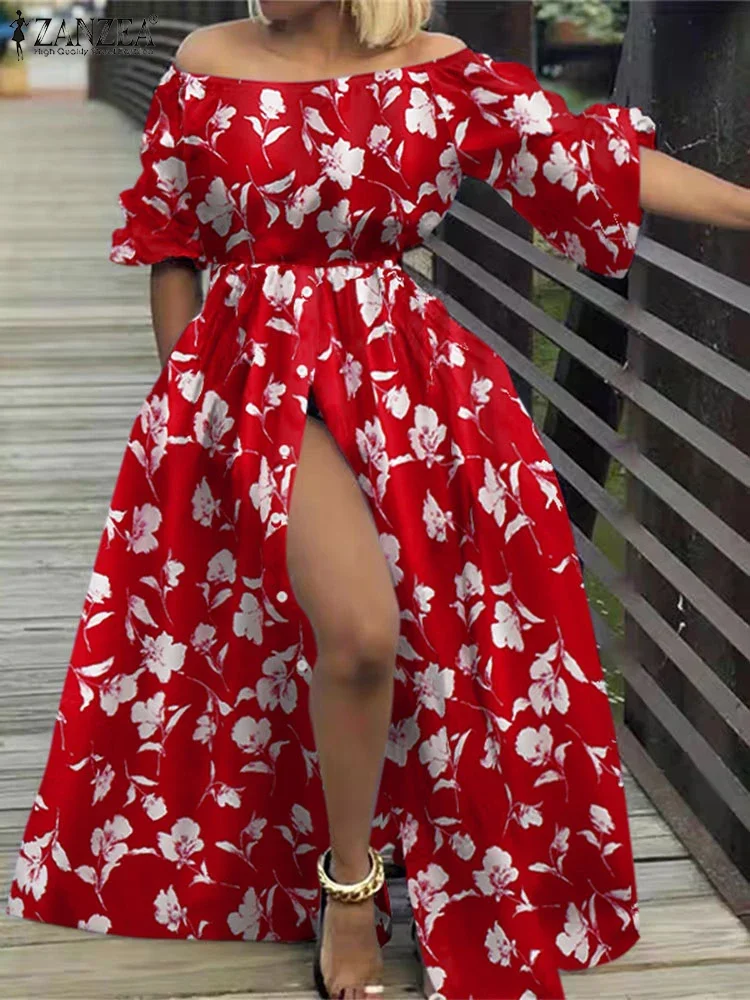 ZANZEA-Vestidos largos bohemios para mujer, vestido veraniego con estampado Floral, bata con hombros descubiertos, Vestidos largos con botones para vacaciones 2025