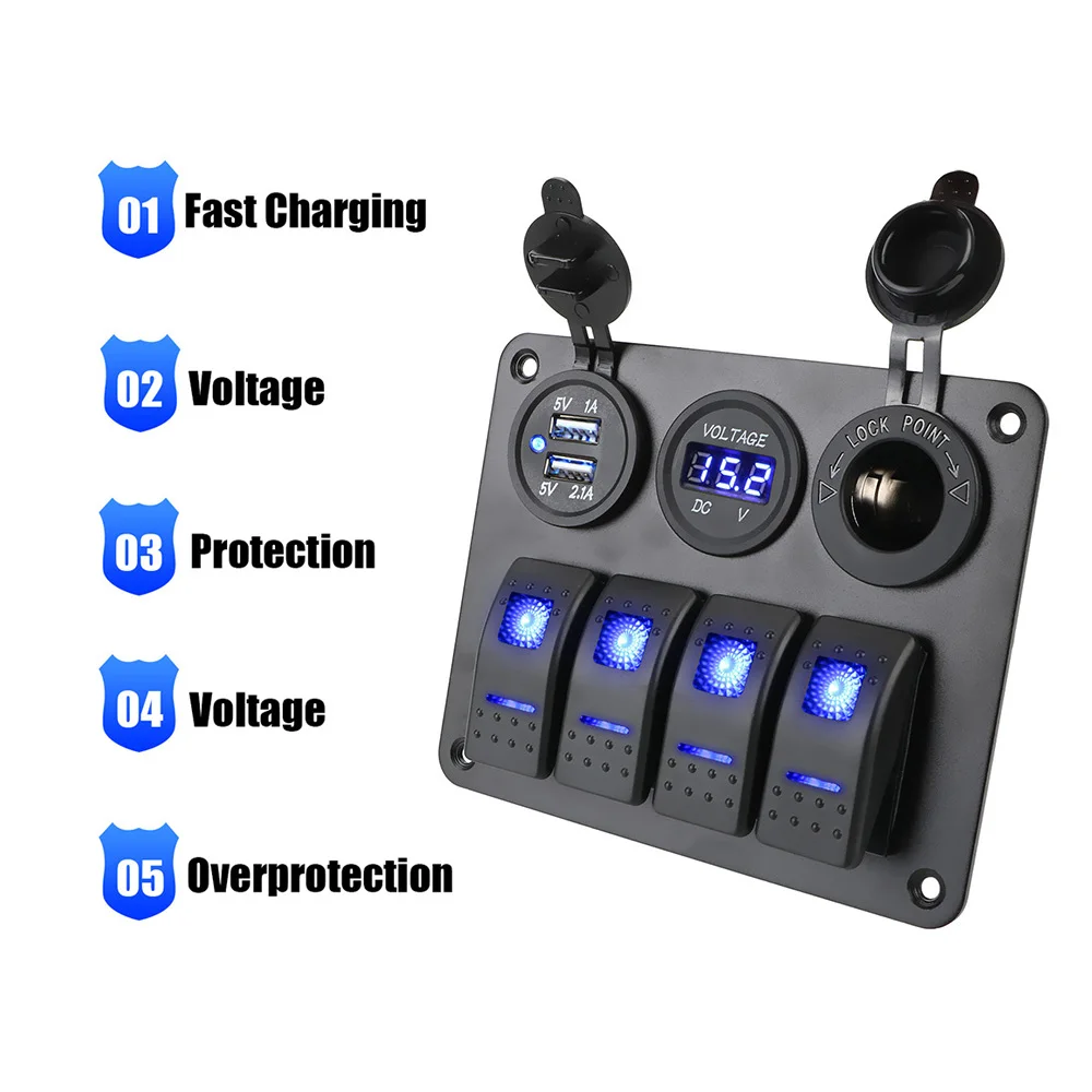 

For RV Car Truck Trailer Aluminum Panel 12V/24V 4 Gang Digital Voltmeter Circuit Breaker Dual USB Port LED Rocker Switch Panel