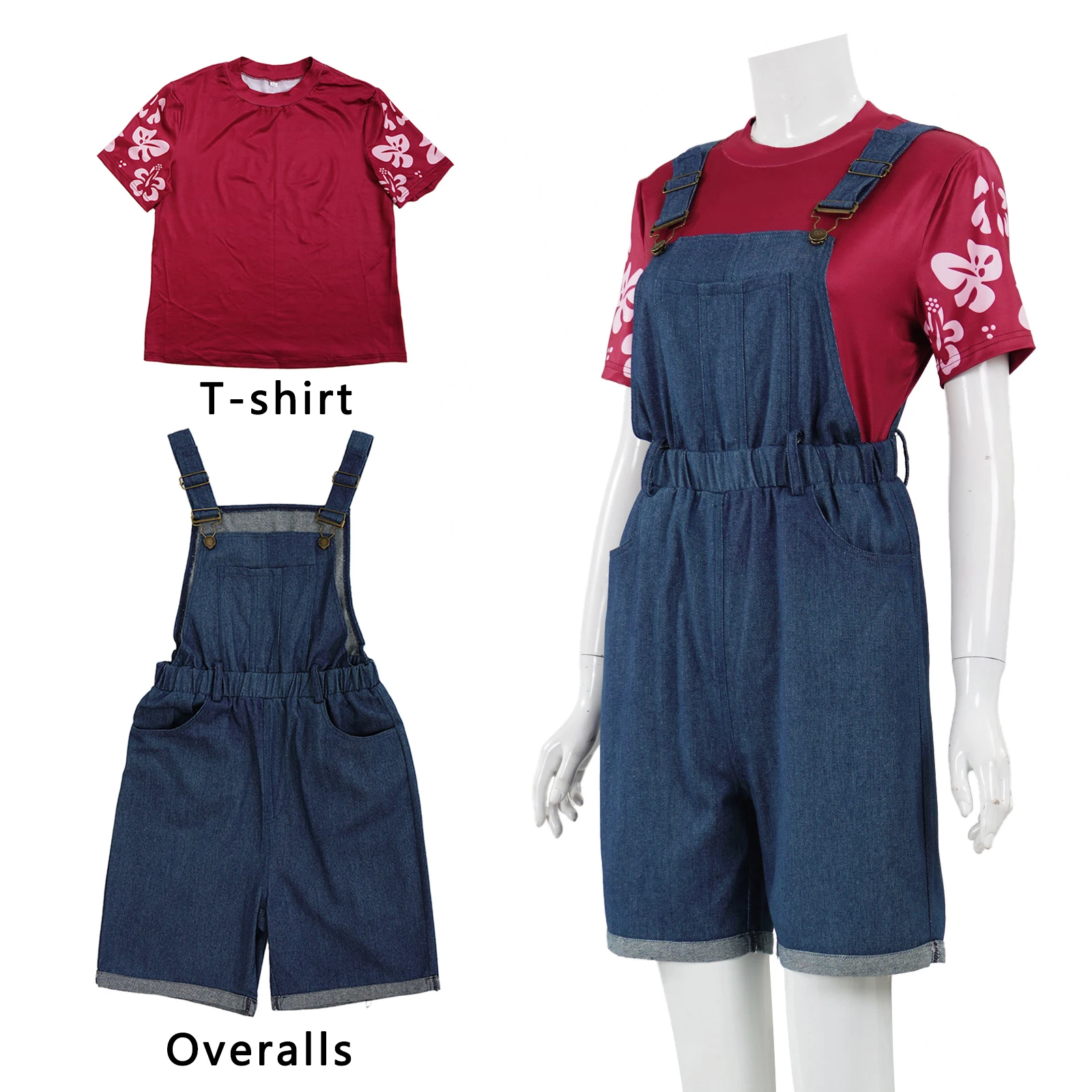 أزياء فيلم ليلو التأثيرية وزرة زرقاء وتي شيرت أحمر لحفلات الهالوين كرنفال للنساء والفتيات #6