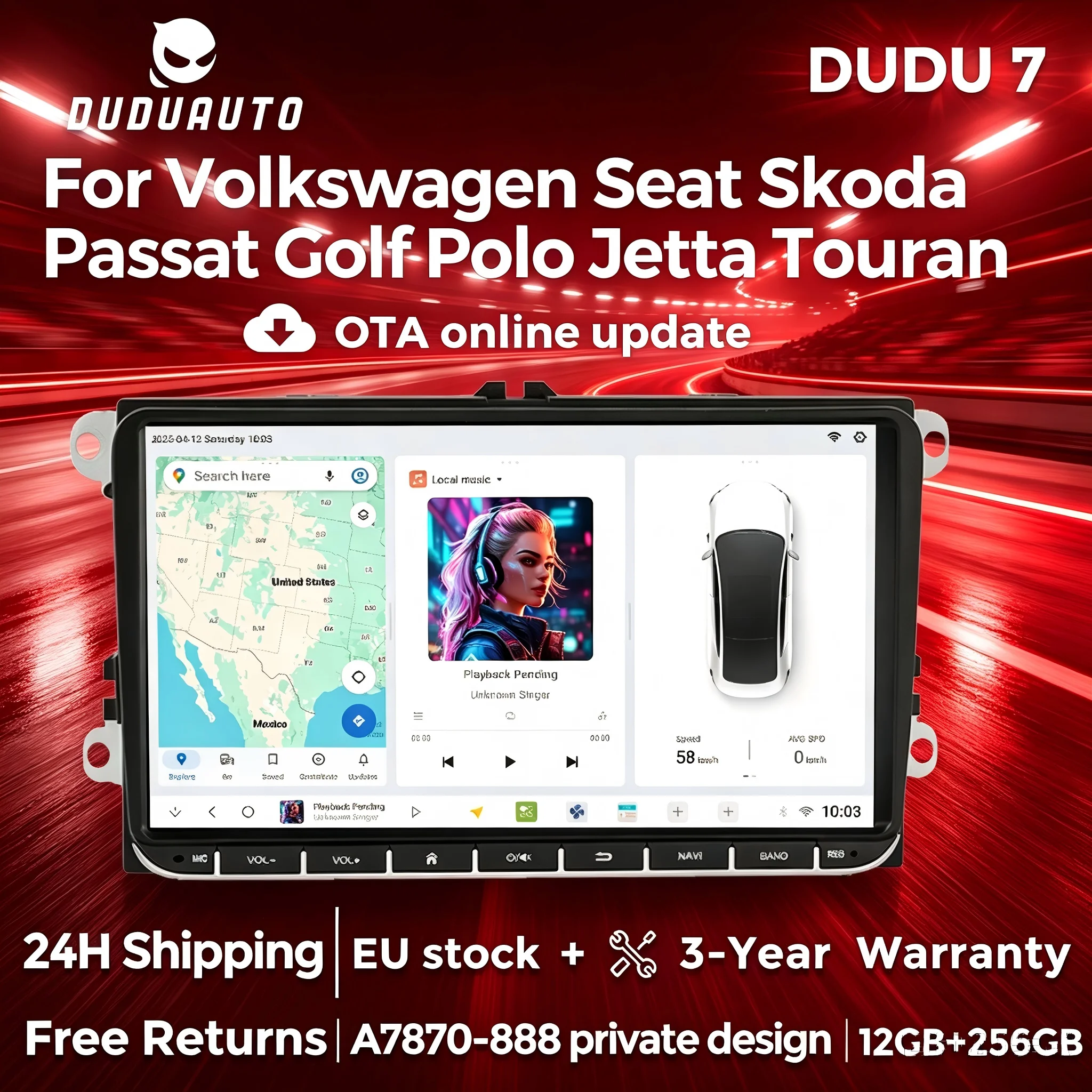 DUDUAUTO Autoradio Android Universale da 9 Pollici per Volkswagen A7870 AKM7739 con Carplay Wireless 8GB+128GB per VW Seat Skoda Passat Golf Polo Jetta Touran, Lettore Multimediale, Navigazione GPS,