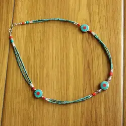 NK263 Ethnic Tibetan 3 Big Round Beads Mini Turkey Stone Necklace For Women