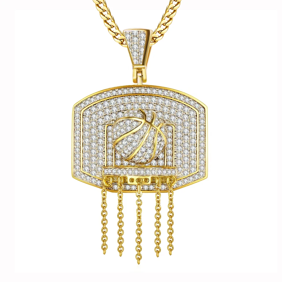 

VANAXIN Basketball Stand Pendant Brass Micro Clear Cubic Zirconia Charms for Men Necklace Jewelry Box Chain
