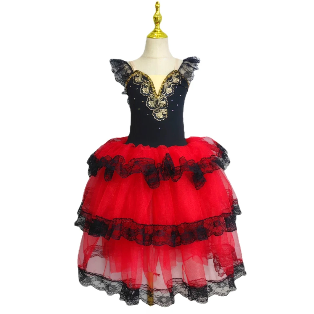 Professional Ballet Romantic Tutu Long Skirt Black Red Spain Dress Adult Children\'s Ballet Performance Dress