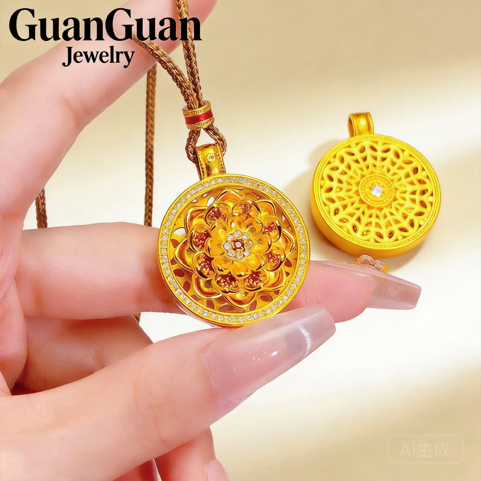 2026 Chinese Traditional Court Style Rotatable Sand Gold Lotus Pendant Brass Gold Plated Inlaid Rhinestone For Diy Braided Rope
