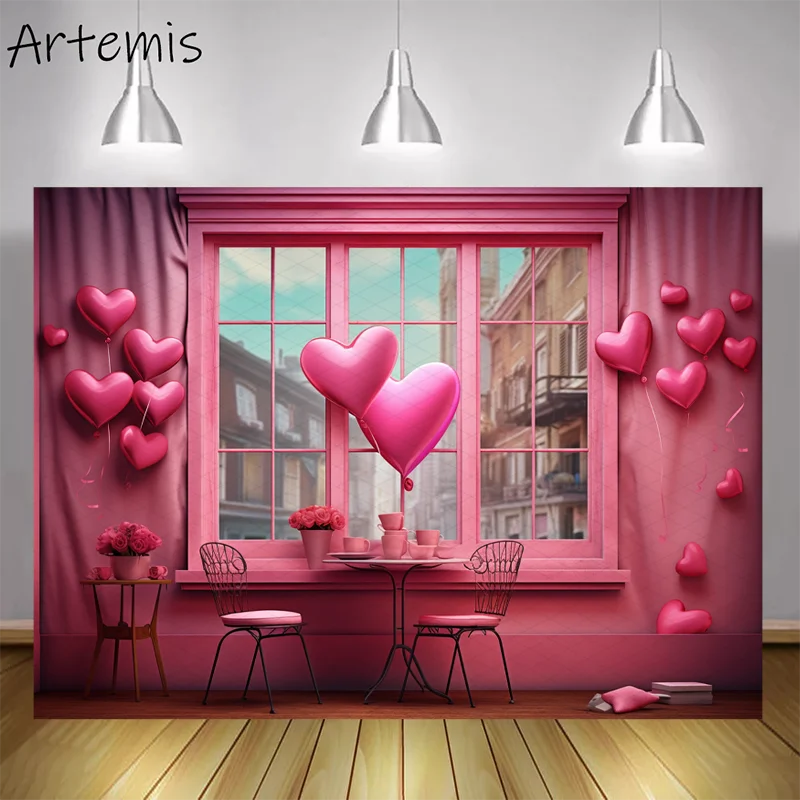 Valentine's Day Backdrop Cafe Painting Scenery Romantic Optical Illusions Love kid's Birthday Portrait Background Photo Studio