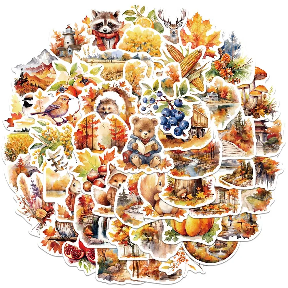 50pcs Cute Cartoon Autumn Animals Foods Stickers For Laptop Water Bottle Luggage Notebook Waterproof Graffiti Vinyl Decals