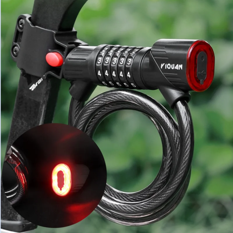 Bicycle Steel Cable Lock 1.2m 5-Digit Combination Anti-Theft Bike Lock with Rechargeable Tail Light Safety Warning