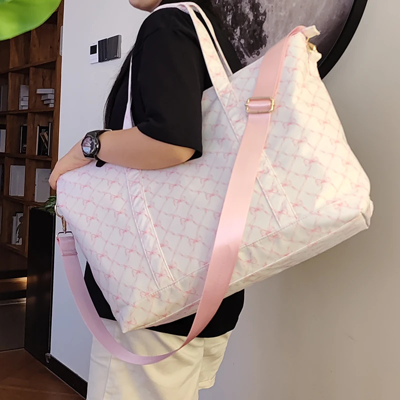 New Design Nylon Bow Grid Pink Blue Printed Ladies Tote Bag Waterproof Handbag Women Girl Travel Shoulder Bag