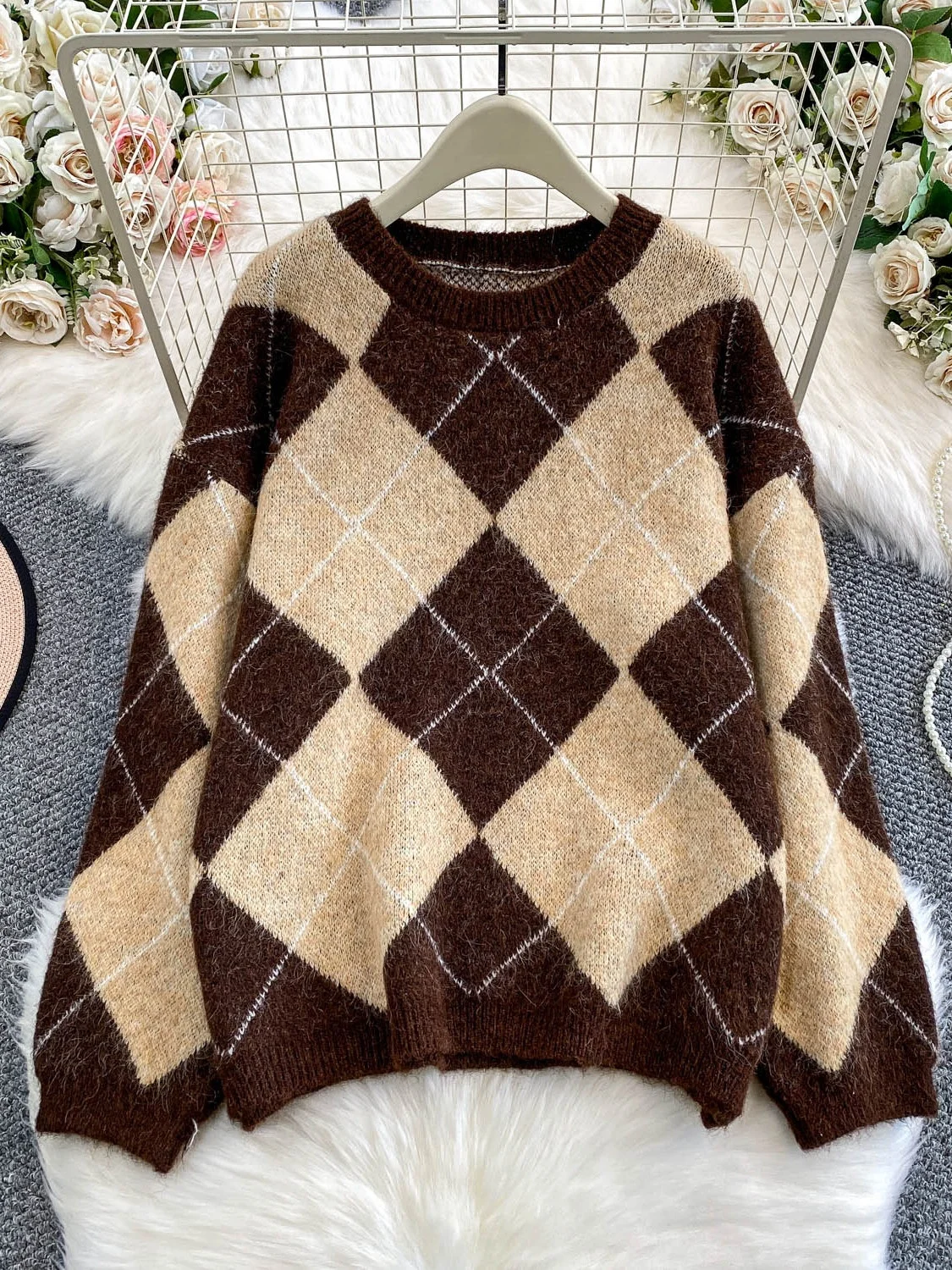 

Зимний женский свободный крой круглый вязаный свитер, мягкий уютный ромбовидный узор, универсальный теплый свитер Thermal Faion для поездок на работу