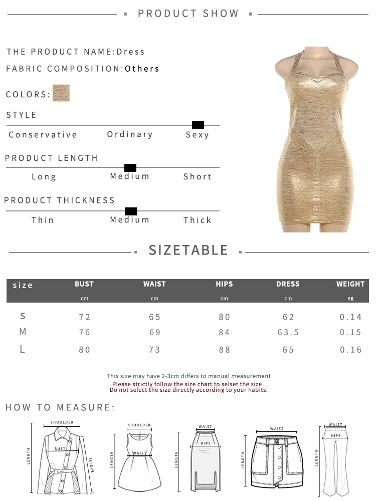 Kliou Sexy Glänzendes Gold-Minikleid für Damen, Neckholder, Tiefer Ausschnitt, Rückenfrei, Ärmellos, Figurbetont, Pfirsichfarben, Hüftbetont, Nachtclub-Party-Mode, Bodycon – Detail 1