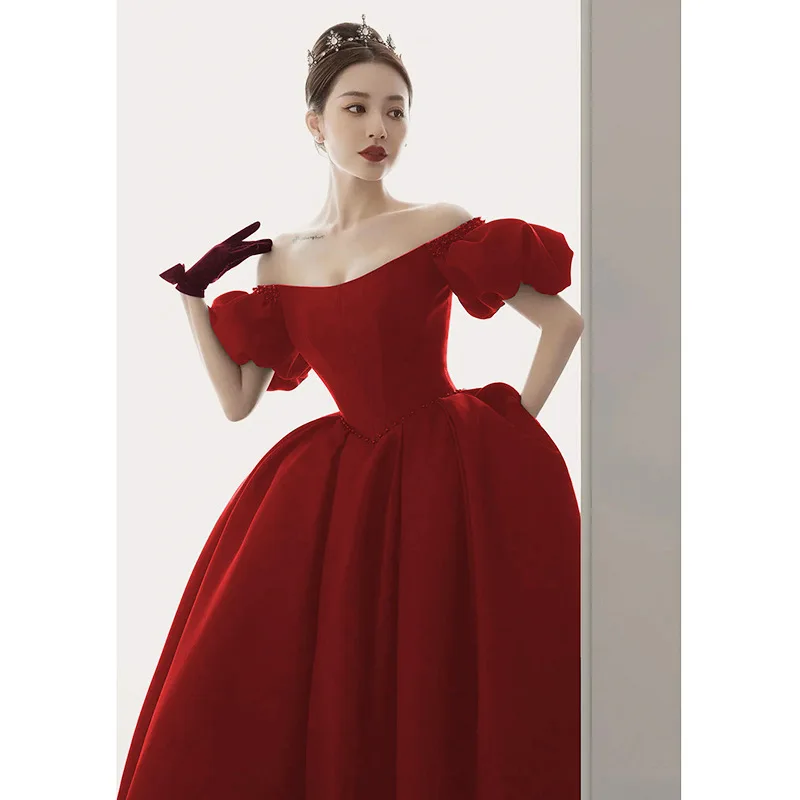 

Woman Elegant Lacing Up Long A-Line Wedding Dresses French Burgundy Off Shoulder Party Gowns Prom Toast Clothing Vestidos