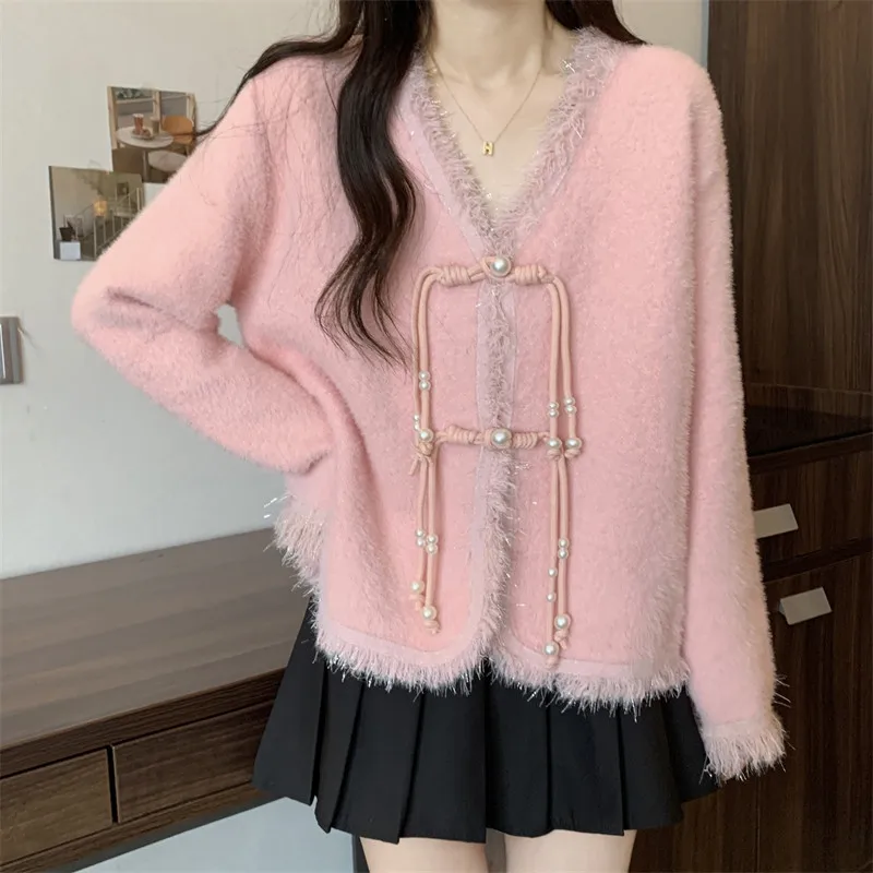 

New Chinese Style Button White Pink Knit Cardigan Sweater Tassel Hem Women Autumn Winter New Loose V-neck Fairy Coat Knitwear