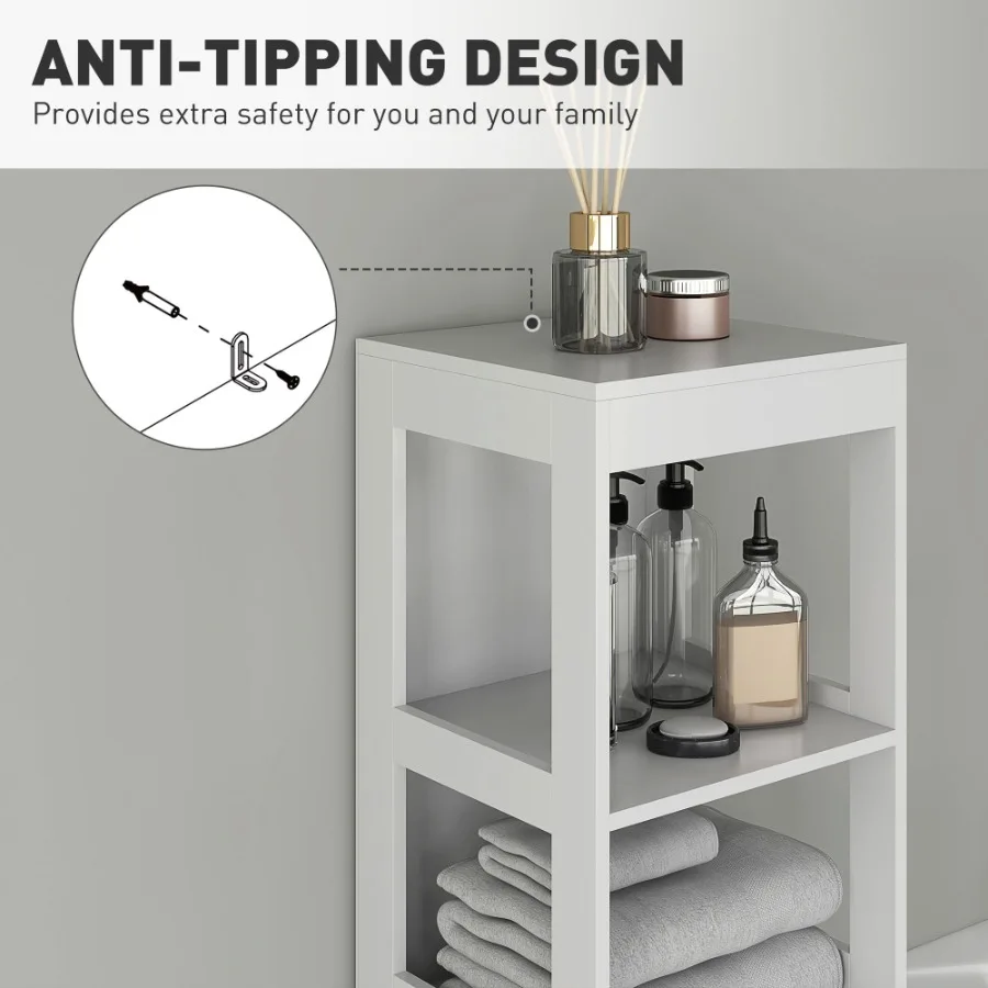 HOMCOM Schmaler Badezimmerschrank, Badezimmerschrank mit 3 Schubladen und 2 offenen Regalen, schmaler Badezimmer-Bodenschrank, Weiß