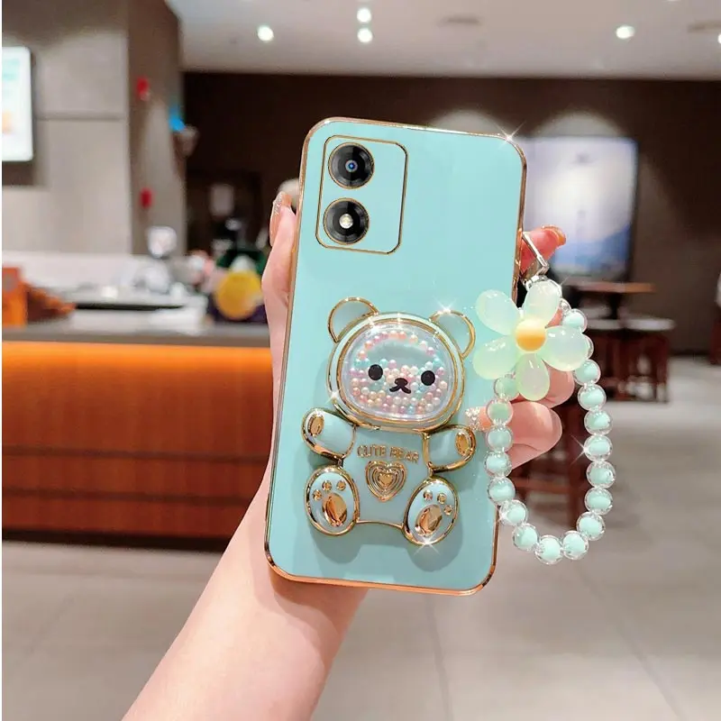 E 7 E 13 Cute Bear Flower Strap Lanyard Phone Holder Case On For Motorola Moto E6S E7 Plus Pwer 2021 E13 E20 E22 E32 Stand Cover