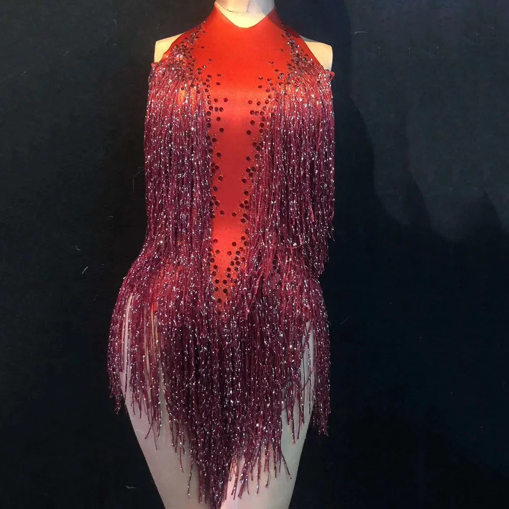 Kobiety świecący Rhinestone taniec na rurze Halter klub nocny DJ występ piosenkarza czerwone body Bling Tassel trykot 2025