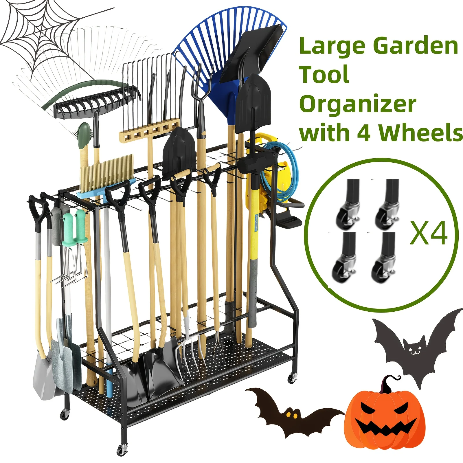 

Large Garden Tool Organizer for Garage, Utility Storage Racks with Hooks, Metal Yard Tool Stand Holder Organizer for Long-Handled, Broom, Shovel, Rake, Sturdy Heavy Rack for Outdoor, Yard, Black, Storage Racks