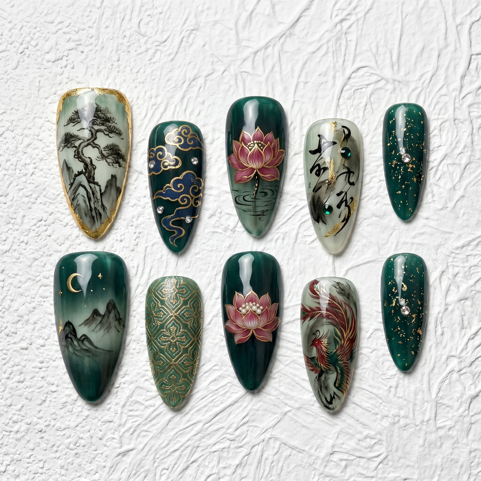 Artisan Handcrafted 10PCS Elegant Almond Press-On Nails | Chinese Landscape & Lotus Design, Gold Foil, Pearls, Holiday Wear