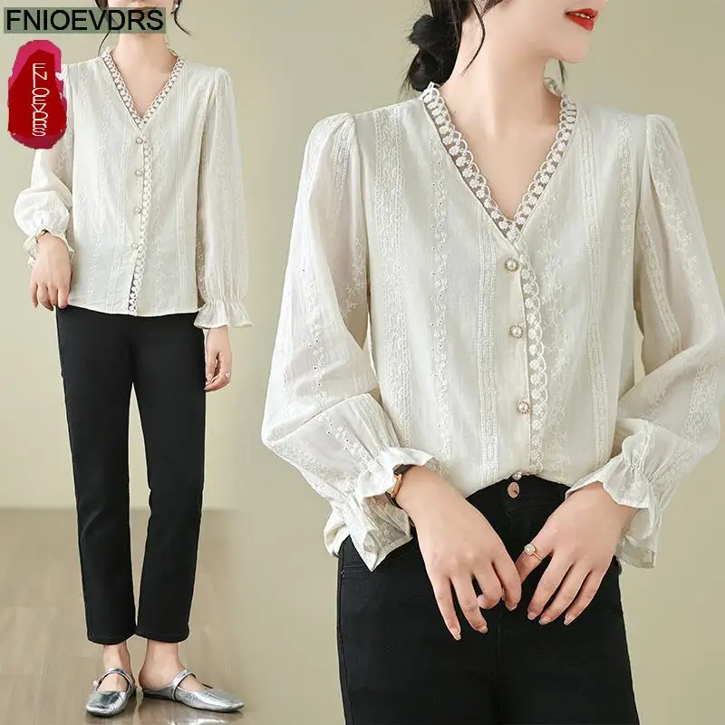 Vestiti larghi 2024 vendite calde Retro Button Ruffles top manica svasata donna Office Lady Basic Lace Shirts camicette