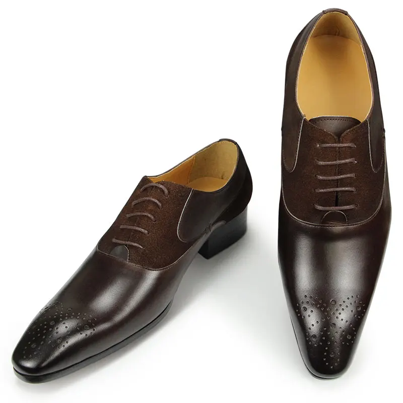 Luxury Mens Formal Brogue Shoes Brown Leather Oxford Shoes Fashion Handmade Patchwork Casual Shoes Business Retro Office