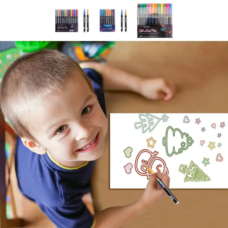 Self Outline Markers Glitter Self-Outline Markers For Painting Glitter Outline Pens Writing Drawing Pens For Journal Greeting