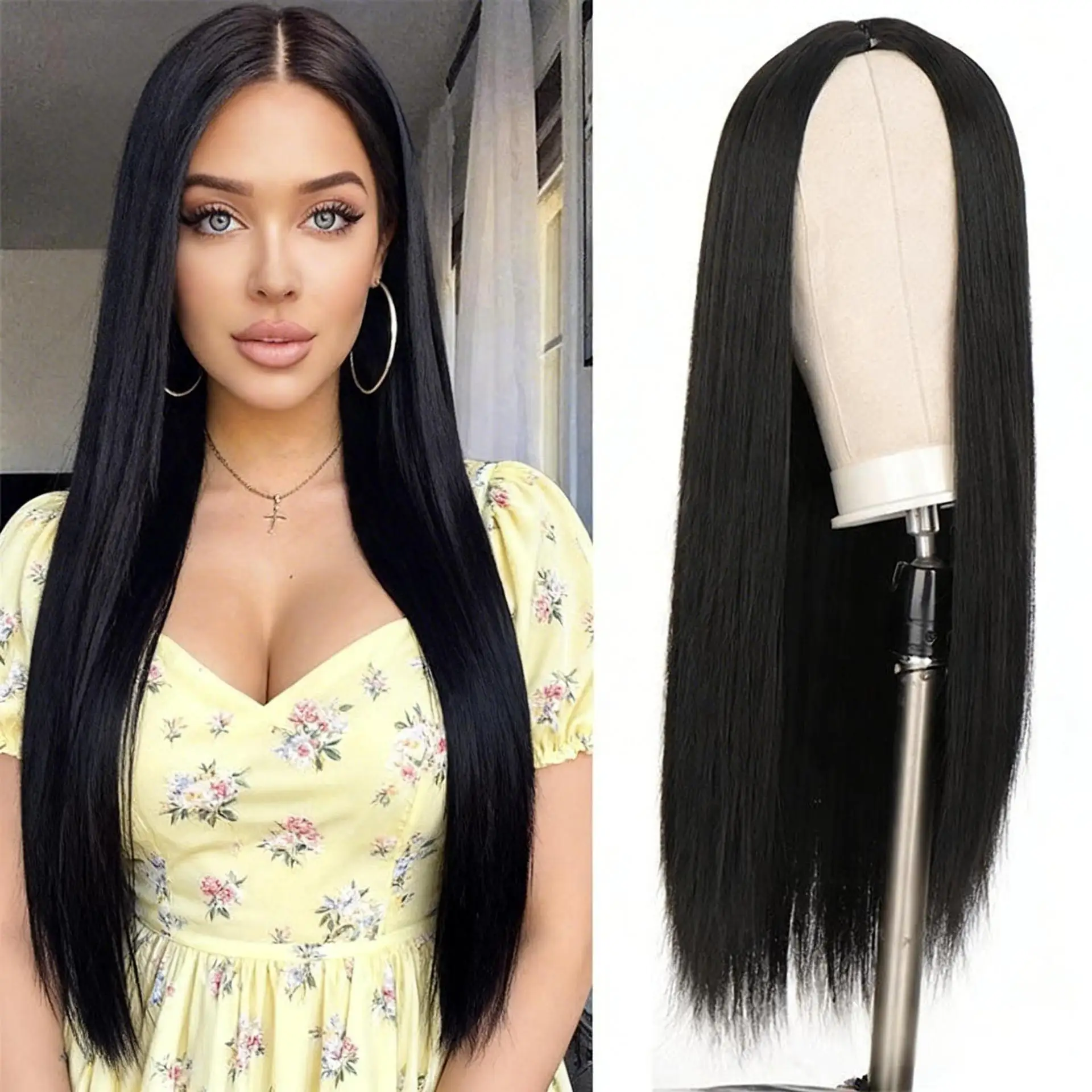 Black Straight Hair Synthetic Wig for Costume Party for Halloween Cosplay, Daily Use High-Temperature Hair Accessory Wig Set image 4