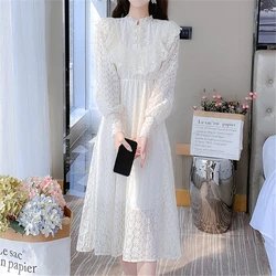 Elegant Sweet Vintage Solid Lace Women Midi Dresses for 2023 New Autumn Fashion Long Sleeved Cute Party Birthday Fairy Dress