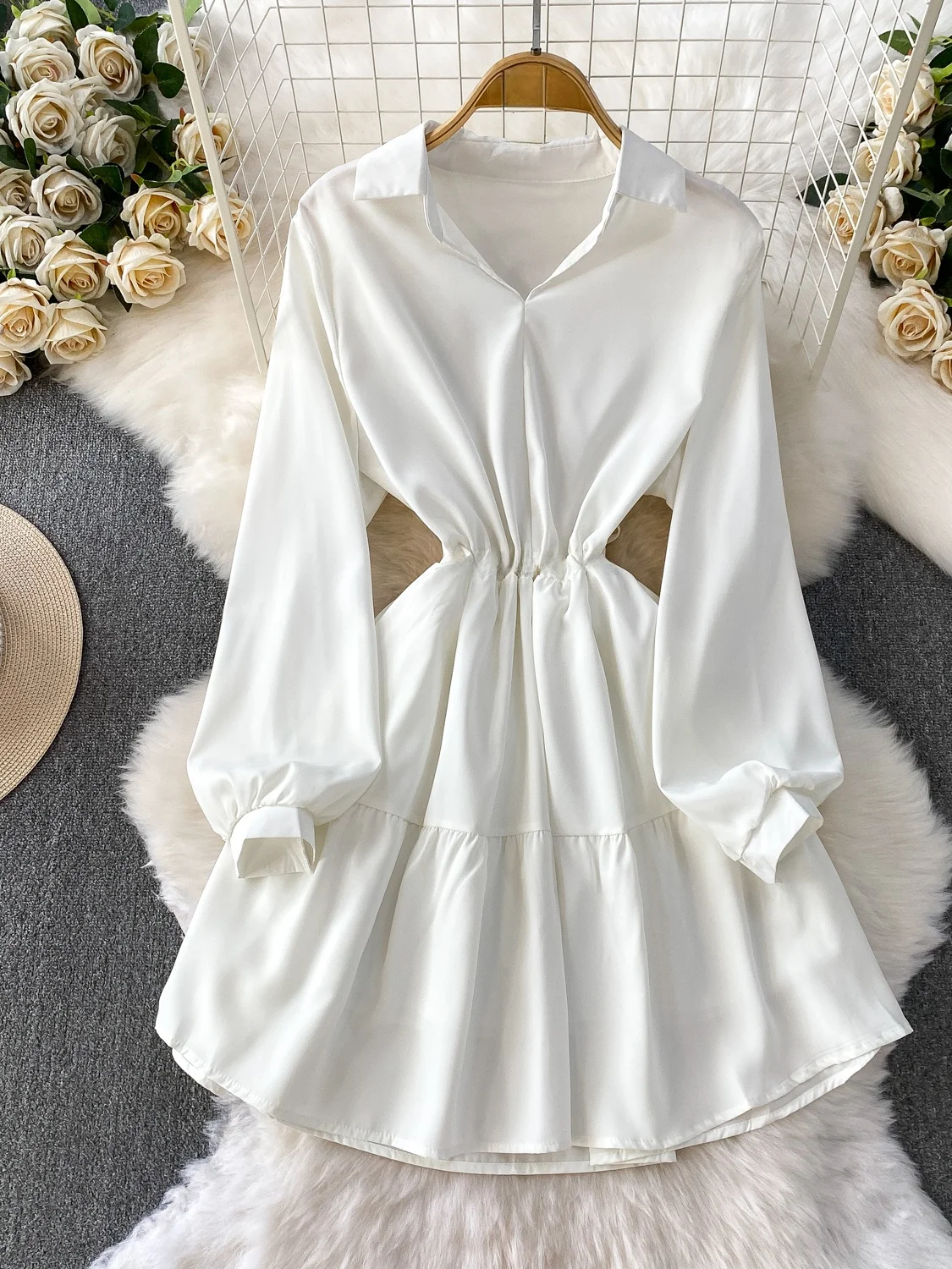 Ele Satin irt Dr Dames Lantern Sve Dstring Taille Afslankende zoom en rok Franse Sle Hoge taille Normale...