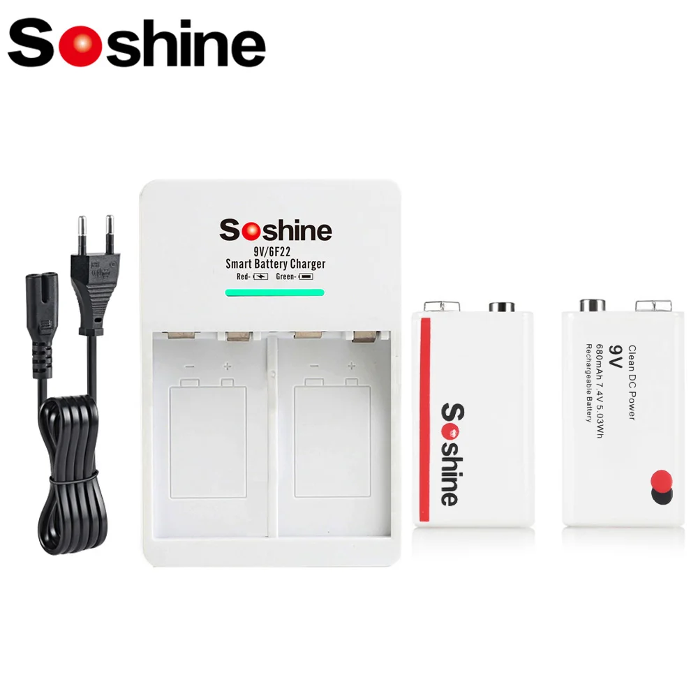 Soshine 2PC 9V 6F22 680mAh Rechargeable Battery and 2 Slots Smart EU Battery Charger LiFePO4 Li-ion Ni-MH Batteries Charger Toy