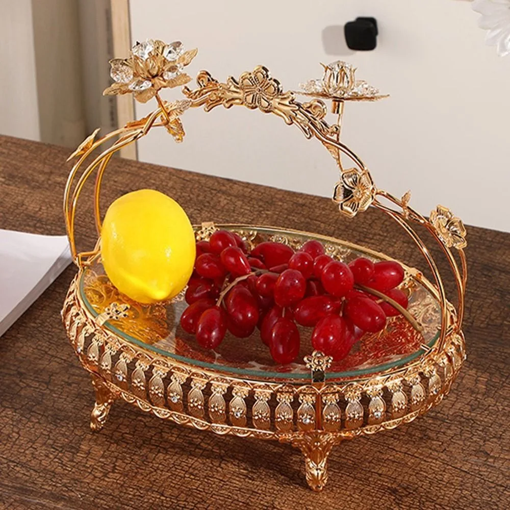 

Portable Handle Metal Fruit Plate Golden Glass European Style Pastry Tray Light Luxury Retro Storage Basket Banquet Desktop