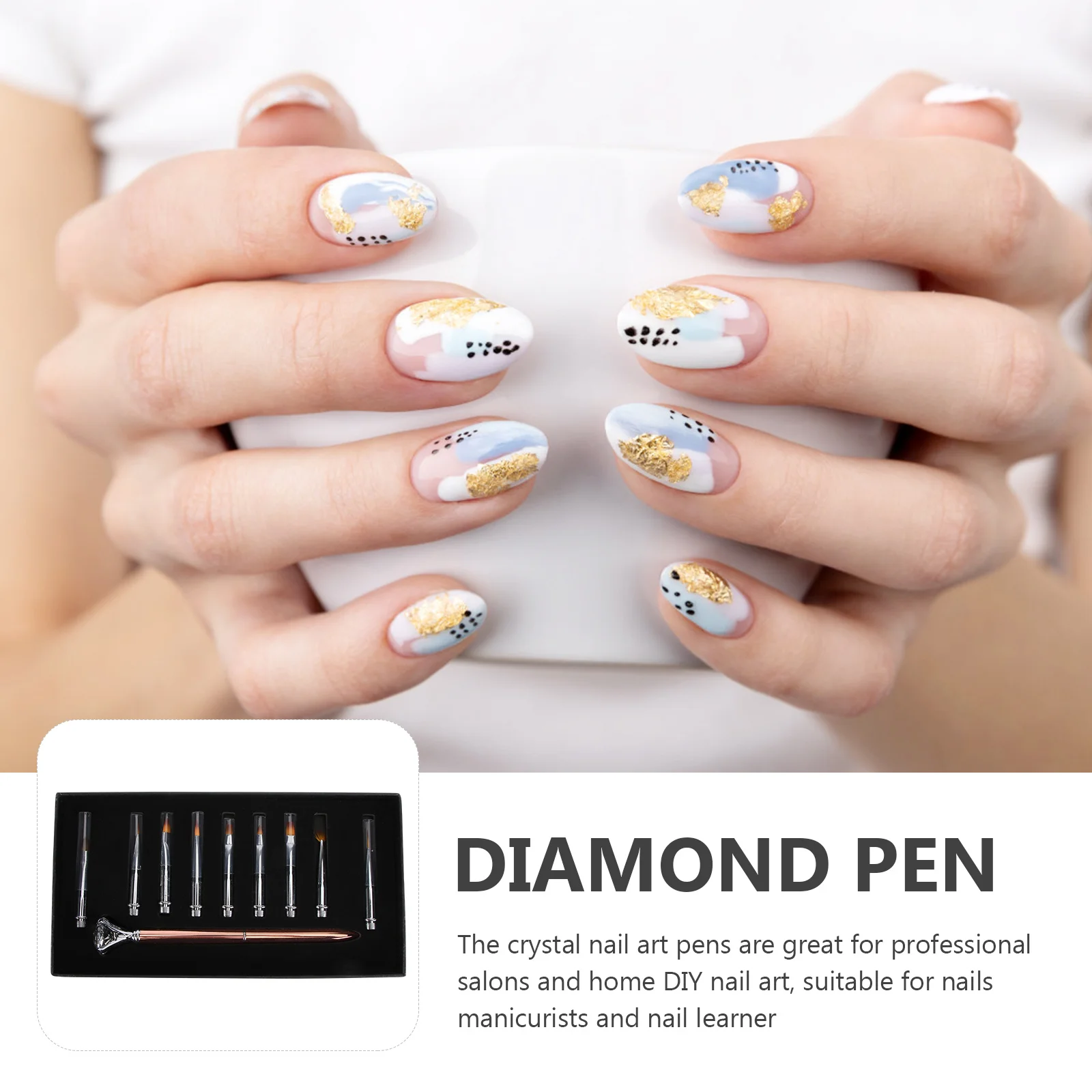 

9pcs Nail Art Brush Set Crystal Alloy Handle Diy Manicure Tools For Professional Home Use Pull Color Flower Dotting Painting