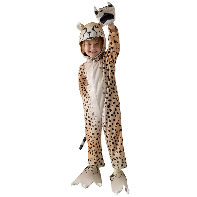 Kid\'s Cheerful Cheetah Costume Jumpsuit Children\'s Day Animal Performance Costume Boy\'s Leopard Halloween Performance Costume