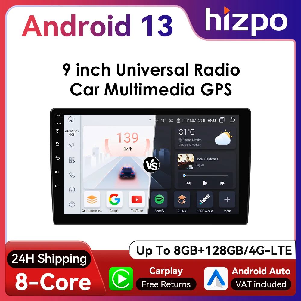 Hizpo 2Din 9-inch Universal Android Car Radio Headunit Intelligent System 4G WiFI BT Auto CarPlay GPS Navigation UI7862