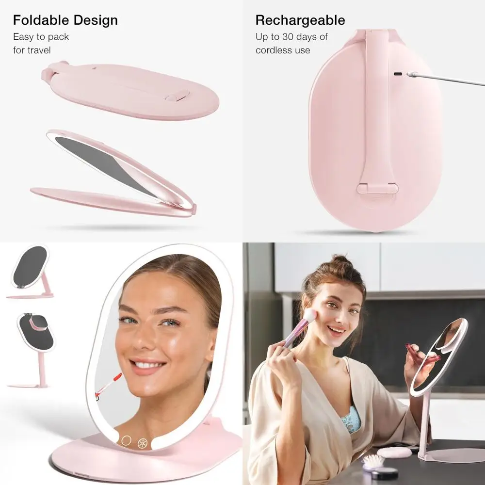 Portable LED Makeup Mirror with 3 Lighting Modes, 10x Magnifier, Foldable Vanity Mirror, 1500mAh Battery, Pink