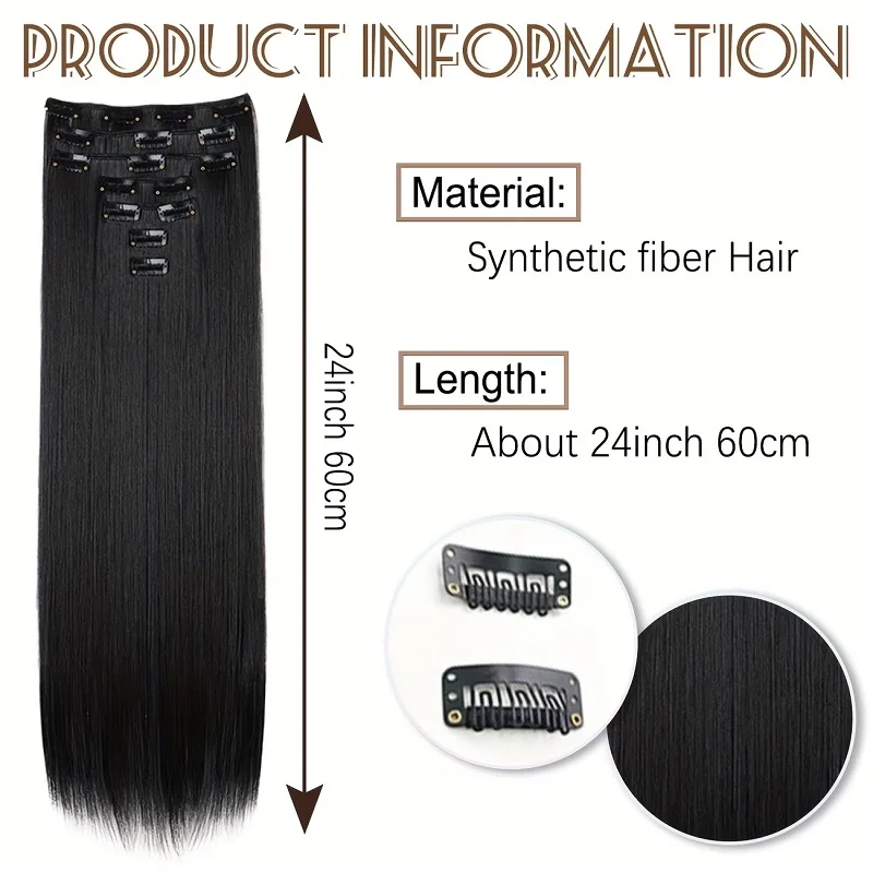 24Inch Synthetic 7pcs/set Long Straight Clip in Hair Extensions Invisible Fake Clips on Hairpieces for Women Party Daily Use