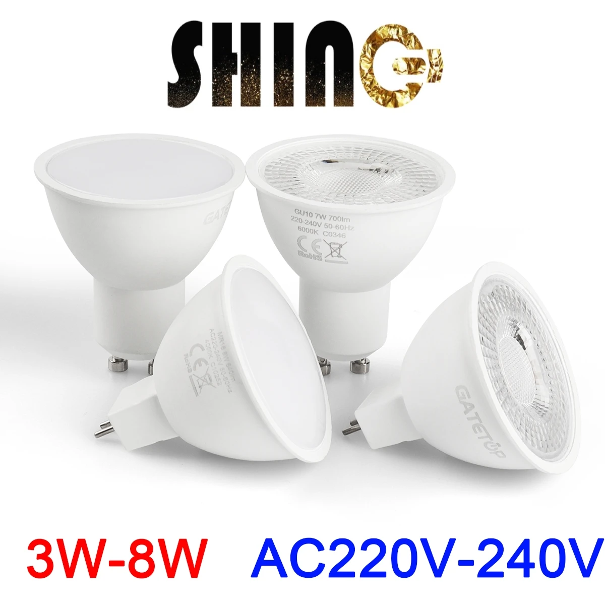 LED spotlight GU10 GU5.3 AC220V high luminous efficiency, no flicker, warm white light 3W-8W, can replace 20W 50W halogen lamp