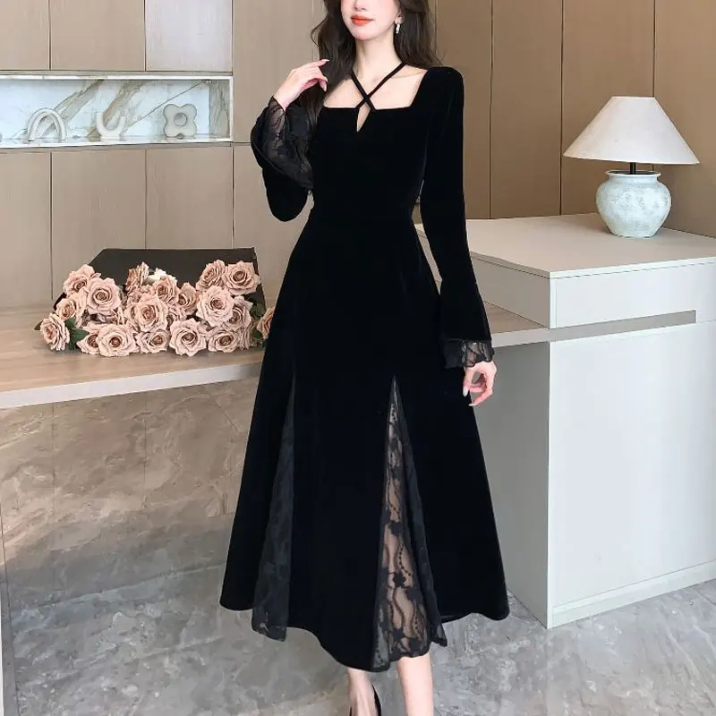French Style Square Collar Halter Dresses Spring Autumn A-Line Stylish Patchwork Basic Female Clothing Aura Elegant Midi Dress