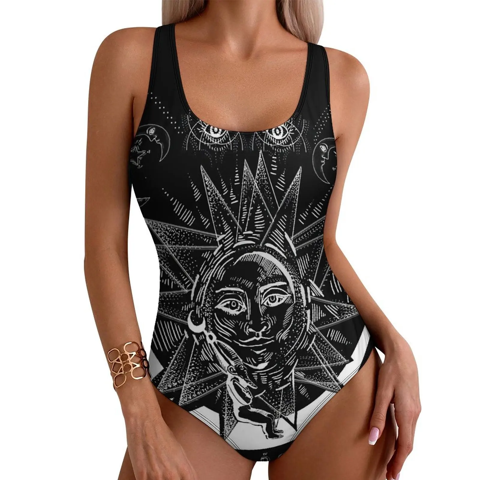 

Vintage Symbol Swimsuit Sexy Mystic Sun Print One Piece Swimwear Push Up Bodysuit Retro Vacation Bath Monokini