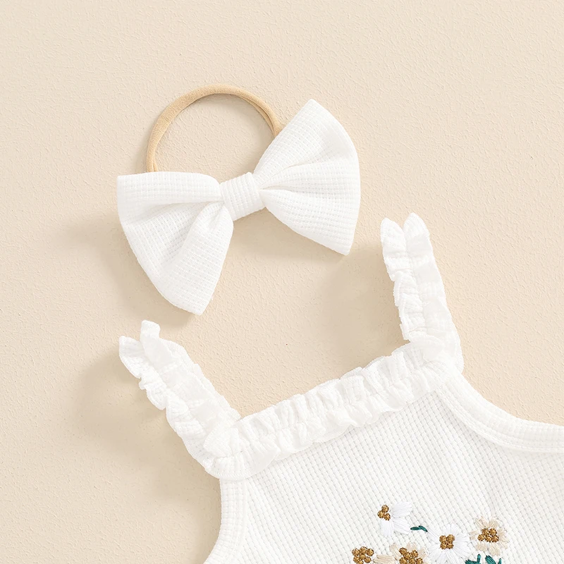 Newborn Set Baby Girl Summer 3pcs Outfits Waffle Flower Embroidered Sleeveless Romper Ruffles Shorts Headband Clothes