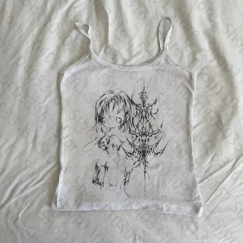 

Punk Print Black Tank Goth Sexy Bodycon Cropped Tops Women Streetwear Harajuku Vintage Tank Tops 2000s Tops Emo Girls Y2k Style