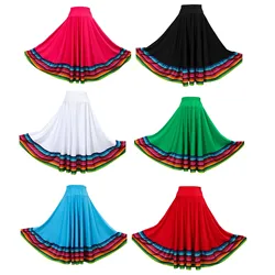 Womens Colorful Trim Folklorico Dance Skirt Spanish Flamenco Big Swing Long Skirt Folkloric Mexican Dance Performance Costume