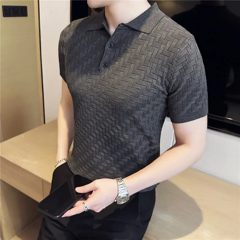 2023 Summer Ice Plaid Knitted Polo Short Sleeve Men's T-shirt Slim Polo Shirt Shirt Casual Business Slim Fit Lapel Tee Tops