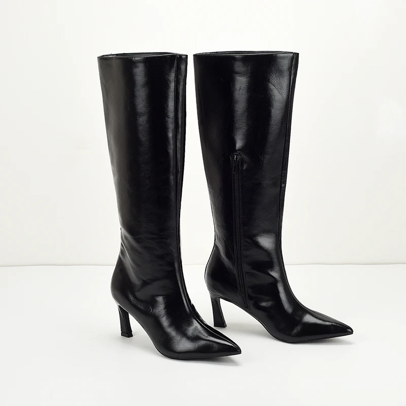 Winter Boots Lady Shoes Boots-Women Zipper Sexy Thigh High Heels High Sexy 2024 Stiletto Black Pointy Autumn Leather Over-the-Kn