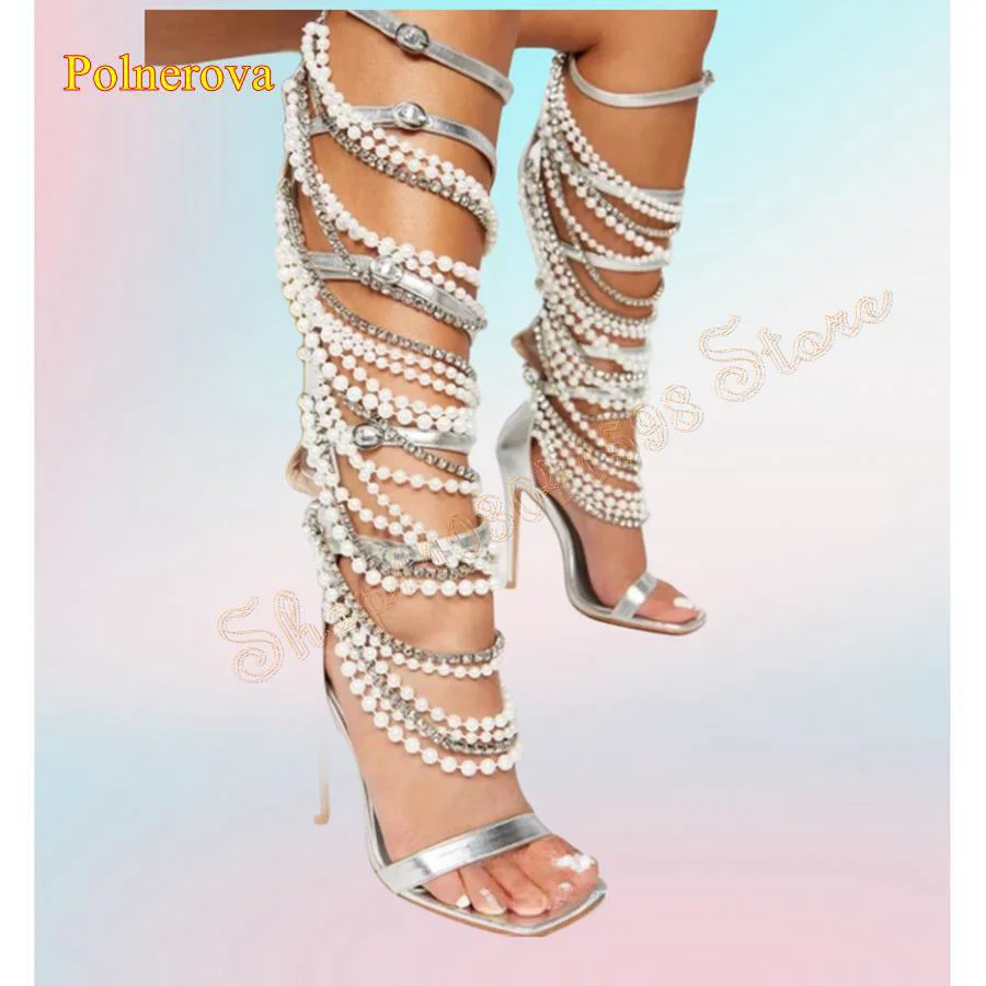 

Pearl Crystal Sandals Flat Toe Stiletto Women Shoes Slim Strap Leather Buckle HIgh Heel Shoes Party 2024 New Zapatos Para Mujere